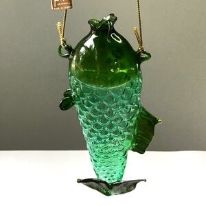 Green Glass Koi Fish Ornament Hand Blown Decorative Art Glass Made Taiwan 5.25”